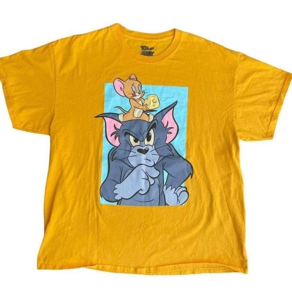 Tom and Jerry Graphic T-Shirt Cartoon Tee Yellow Adult Large‎